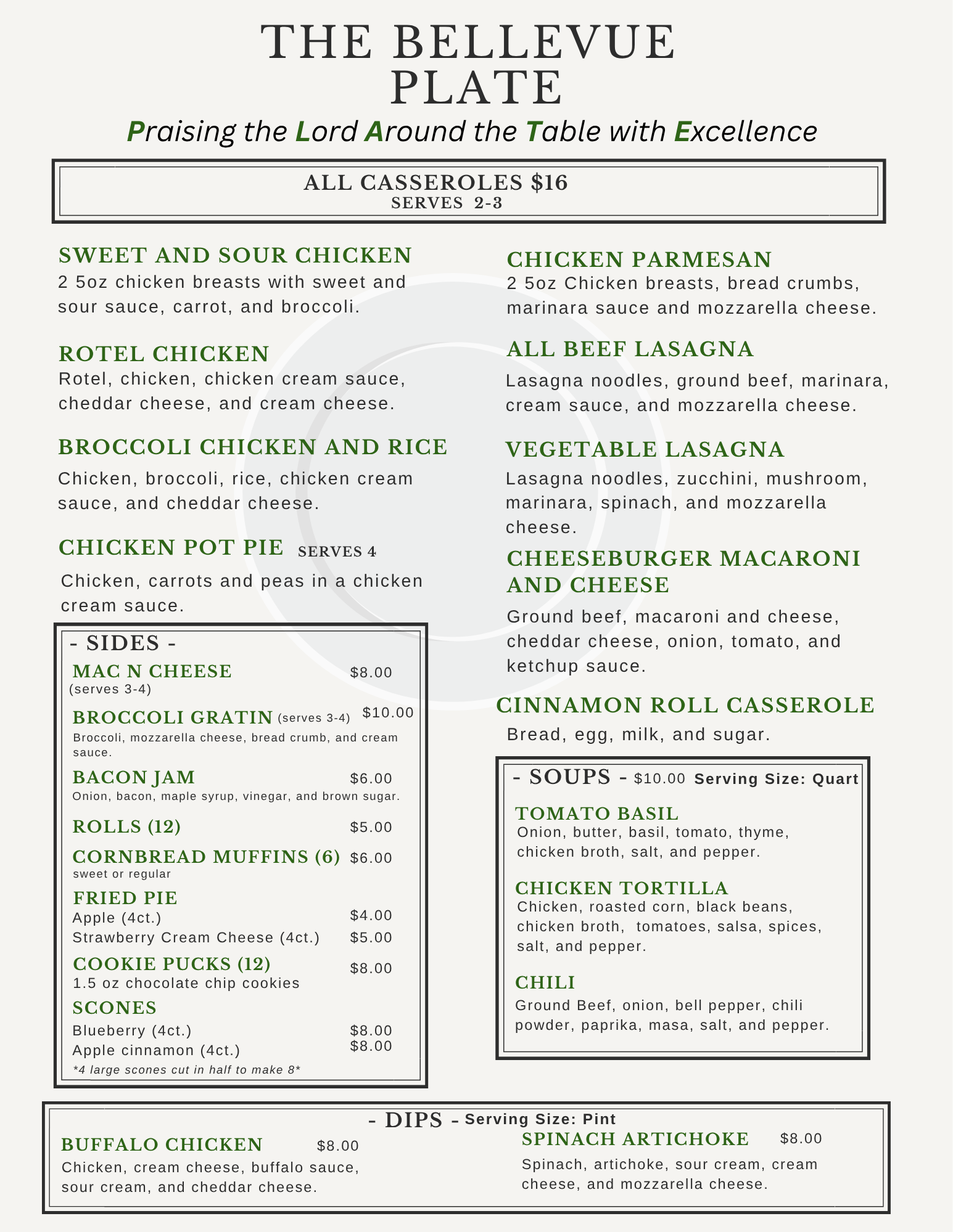 The Bellevue Plate menu: casseroles, sides, soups, and dips with prices.